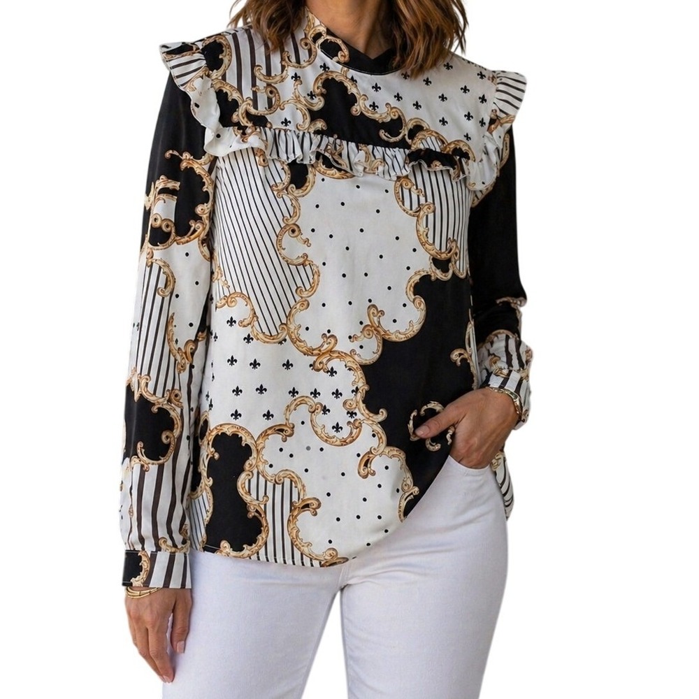 Mutli Colored Blouse Womens Small Black White Gold Baroque Ruffle Mock Neck Top